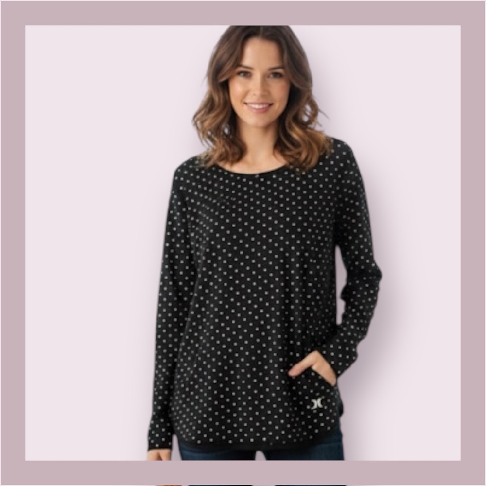 Hurley Black Polka Dot Long Sleeve Pullover Top Size L